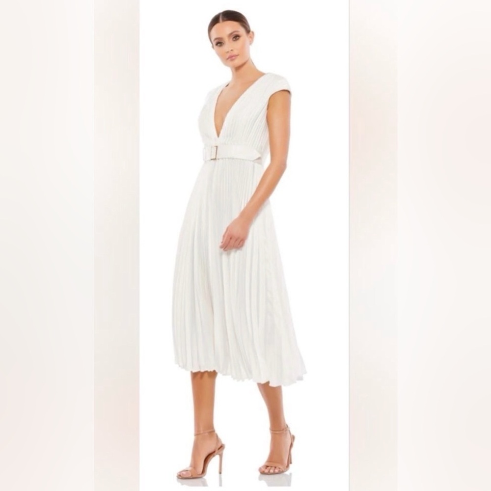 Mac Duggal 26483 White Pleated Midi A-Line Dress Sz 6 Wedding Guest Flaws